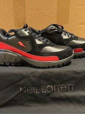 Neil Barrett Black and Red Women's Chunky Leather & Suede Sneaker